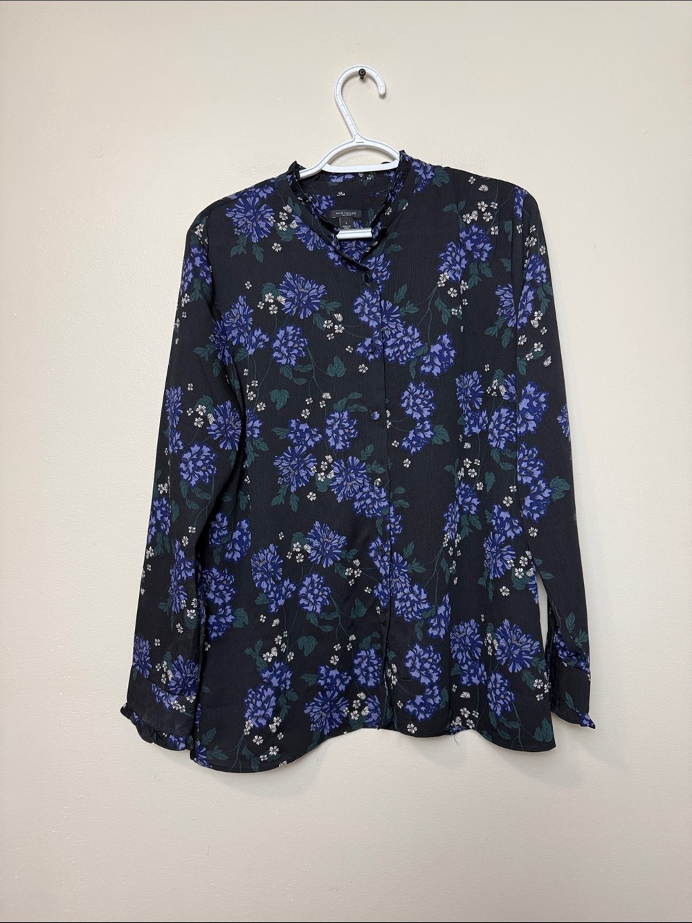 Ann Taylor Black Blouse with Blue Floral Print size L